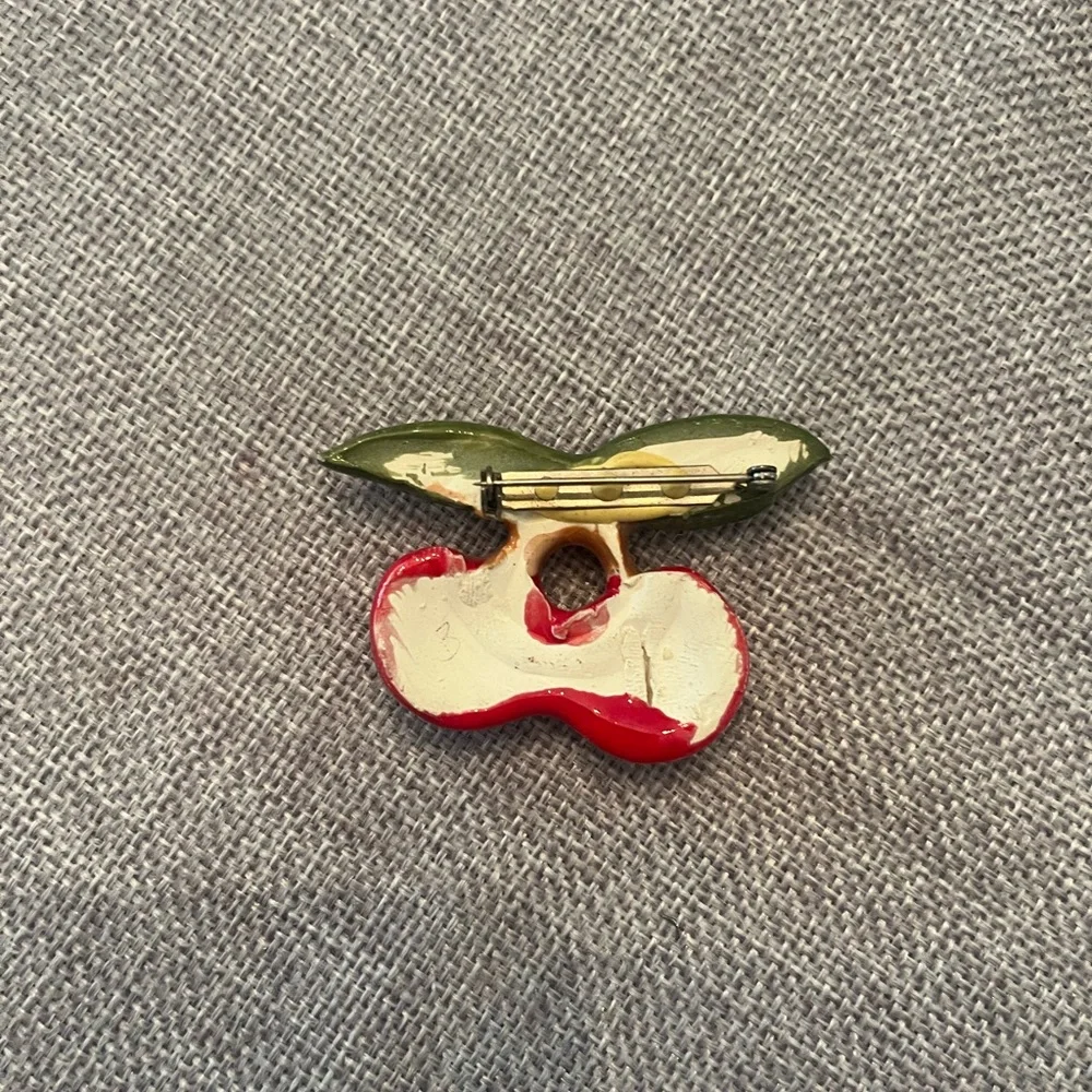 Vintage Ceramic Red Cherry Brooch with Green Leaves